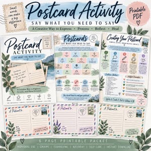 May include: A six-page printable PDF postcard activity packet featuring instructional guides and blank postcard templates. The pages include text prompts, creative exercises, and illustrations of leaves, mountains, and airmail borders.