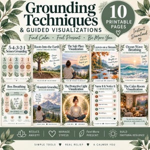 May include: A set of 10 printable pages titled Grounding Techniques & Guided Visualizations. The pages feature various mental health exercises including 5-4-3-2-1 Senses Grounding, Box Breathing, and Mountain Grounding with illustrated scenes and text.