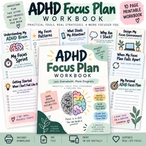 Puede incluir: Un cuaderno de trabajo imprimible de 10 páginas ADHD Focus Plan con una portada central que muestra una ilustración de un cerebro, el texto 'ADHD Focus Plan' y varias páginas de hojas de trabajo con títulos como 'My Focus Patterns'.