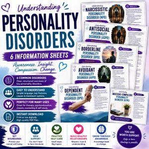 May include: A set of six educational information sheets titled Understanding Personality Disorders. The documents feature dark blue and purple text with illustrations, covering Narcissistic, Antisocial, Borderline, Avoidant, Dependent, and Obsessive-Compulsive personality disorders with descriptive bullet points.