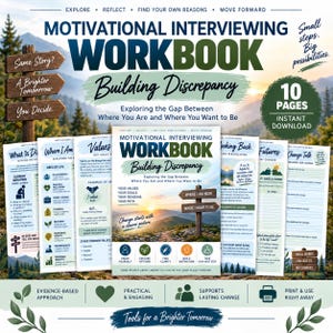 May include: A Motivational Interviewing Workbook titled Building Discrepancy, featuring 10 pages for instant download. The cover displays a mountain landscape with a wooden signpost, text prompts, and icons for self-reflection and personal growth.