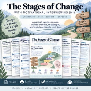 May include: A seven-page printable PDF guide titled The Stages of Change with Motivational Interviewing. The document features a central cover page with a winding path illustration, text, and six additional pages detailing stages from Precontemplation to Relapse, measuring 8.5 by 11 inches.