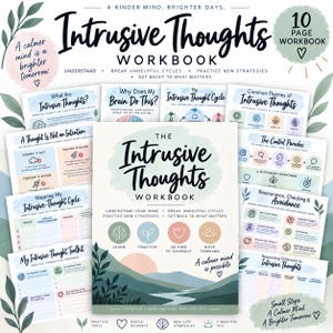 May include: A 10-page Intrusive Thoughts Workbook featuring a central cover with a landscape illustration, four circular icons labeled Learn, Practice, Be Kind to Yourself, and Move Forward, and multiple surrounding pages with educational content.