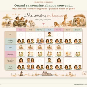 Puede incluir: Un planificador visual semanal titulado Ma semaine en douceur que presenta una cuadrícula con los días de la semana, horarios e ilustraciones de niños, adultos y animales de safari. Incluye filas para la mañana, la tarde y lugares de descanso.