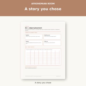 May include: A white instructional workbook page titled Afrohemian Room A story you chose. It features sections for Art + object placement, a simple placement check, a wall shelf sketch grid, and a one sentence of context line for interior design.