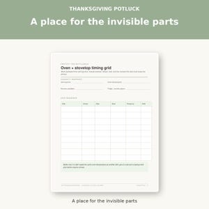 Op de afbeelding: Een wit bedrukt planningsblad met de titel Thanksgiving Potluck: A place for the invisible parts. Het bevat een oven- en kookplaat-tijdschema met secties voor capaciteitsoverzichten en een tabel voor de volgorde van gerechten met kolommen voor gerecht, eigenaar, hitte, start, gereed tegen en warmhouden.