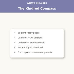 Pode incluir: Um documento digital intitulado The Kindred Compass apresentando uma lista do que está incluído: 28 páginas prontas para impressão, versões US Letter e A4, sem data para qualquer casa, download digital instantâneo, para casais, colegas e pais.
