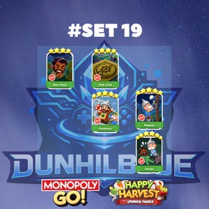 May include: A digital graphic for Monopoly Go Set 19 featuring five collectible game cards titled Ben's Prank, Work of Art, Conspiracy, Paranoia, and Gotcha. The background displays the Dunhilbje logo and the Happy Harvest with Looney Tunes branding.