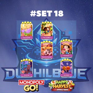 May include: A digital graphic titled #SET 18 featuring six Monopoly Go game cards with illustrations titled Crisp Laundry, Out of Office, Perfectly Pastoral, Sweetness, Porch Life, and Moonlight, displayed over a blue background with game logos.