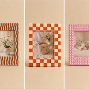 May include: Three rectangular picture frames. The first frame has a wavy orange and light green pattern. The second frame features an orange and white checkerboard design. The third frame is pink with a raised, dotted texture across the surface.