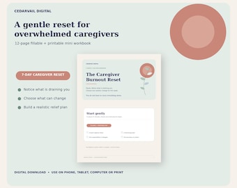 Caregiver Burnout Reset Workbook, 7-Day Stress Relief Planner (Fillable PDF)