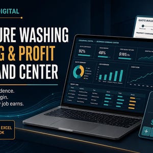 May include: A laptop displaying a dark-themed dashboard titled CEDARVAIL DIGITAL BUSINESS COMMAND CENTER with charts, graphs, and financial data. Text reads PRESSURE WASHING PRICING & PROFIT COMMAND CENTER, Quote with confidence, Protect your margin, Know what every job earns, and PREMIUM EXCEL WORKBOOK.