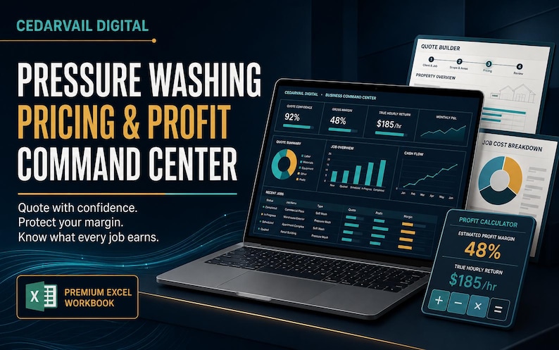 May include: A laptop displaying a dark-themed dashboard titled CEDARVAIL DIGITAL BUSINESS COMMAND CENTER with charts, graphs, and financial data. Text reads PRESSURE WASHING PRICING & PROFIT COMMAND CENTER, Quote with confidence, Protect your margin, Know what every job earns, and PREMIUM EXCEL WORKBOOK.