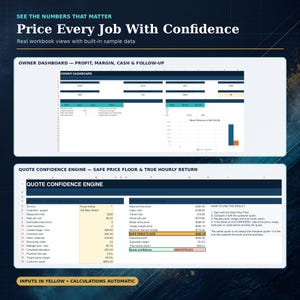 May include: A digital spreadsheet interface titled Price Every Job With Confidence, featuring an Owner Dashboard and a Quote Confidence Engine. The layout includes tables, charts, and input fields with text labels like Service, Labor cost, and Safe Price Floor.