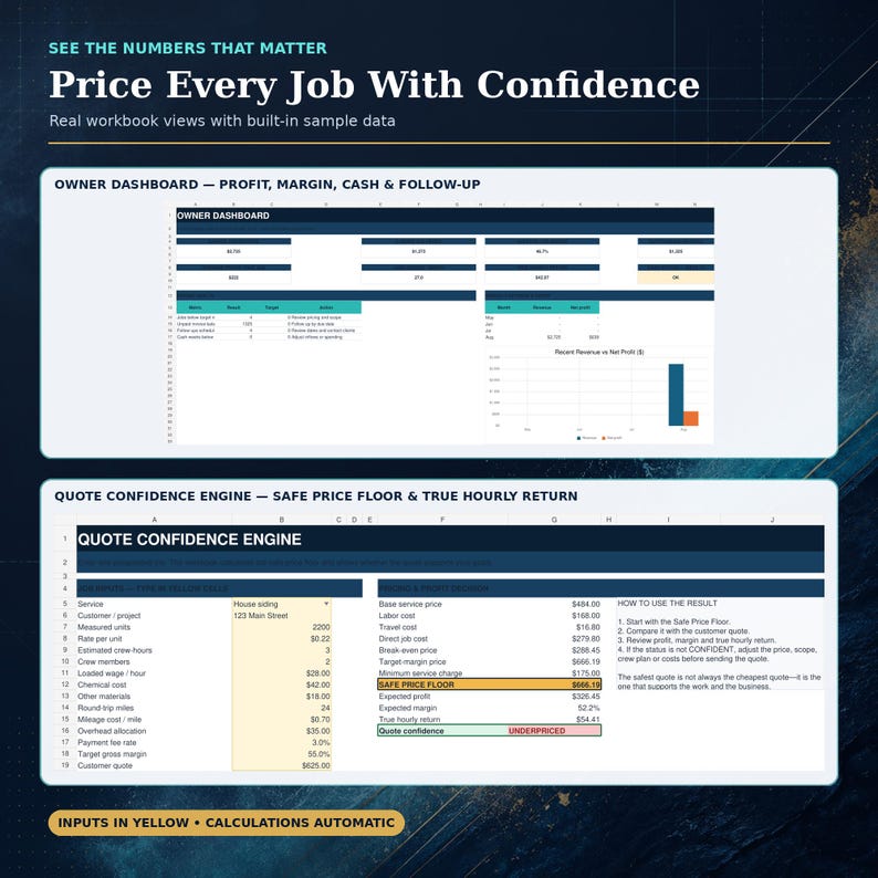May include: A digital spreadsheet interface titled Price Every Job With Confidence, featuring an Owner Dashboard and a Quote Confidence Engine. The layout includes tables, charts, and input fields with text labels like Service, Labor cost, and Safe Price Floor.