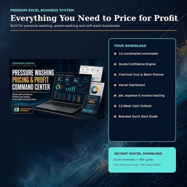 May include: A digital business system for pressure washing companies featuring a laptop displaying financial charts, a tablet with a profit calculator, and a list of 14 worksheets, a quote engine, chemical planner, dashboard, and tracking tools.