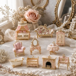 May include: A collection of miniature furniture charms including a canopy bed, floral sofa, wardrobe, armchair, vanity with mirror, round table, bathtub, crib, fireplace, and desk, all featuring gold-tone accents and soft pink and cream color palettes.