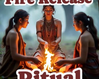 May include: An image with the text "Fire Release Ritual". Three people are gathered around a small fire. The people are wearing earth-toned clothing and jewelry. The background is a blurred forest scene.