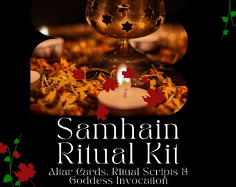 May include: A Samhain Ritual Kit with a brass lantern, candles, and autumn leaves. The image features the text "Samhain Ritual Kit" and "Altar Cards, Ritual Scripts & Goddess Invocation" on a black background.