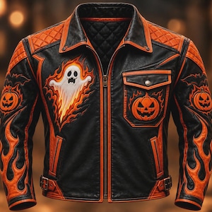 Chaqueta de cuero hecha a mano para hombre, color naranja y negro, auténtica chaqueta de motociclista con parche de fantasma, diseño de calabaza y llamas, estilo gótico urbano.