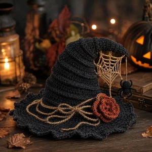 Puede incluir: Un sombrero de bruja de ganchillo negro con ala ancha y copa puntiaguda. El sombrero está decorado con una telaraña de ganchillo color canela, una pequeña araña de ganchillo negra, una cinta tipo cordel atada en lazo y una flor de ganchillo naranja oscuro.