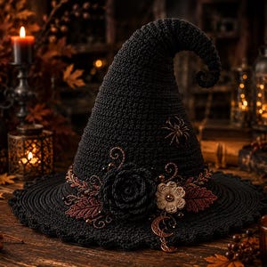 Peut inclure: Un chapeau de sorcière en crochet noir avec un sommet pointu légèrement courbé. La base est ornée d'une grande rose en crochet noir, d'une fleur beige plus petite, de feuilles cuivrées, d'une petite araignée et d'une breloque croissant de lune.