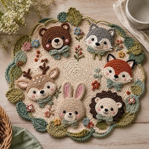 May include: A round, cream-coloured crochet mat featuring six stuffed animal heads: a brown bear, a grey wolf, an orange fox, a brown hedgehog, a tan rabbit, and a spotted deer. Each animal wears a small bow tie, surrounded by crocheted leaves and flowers.