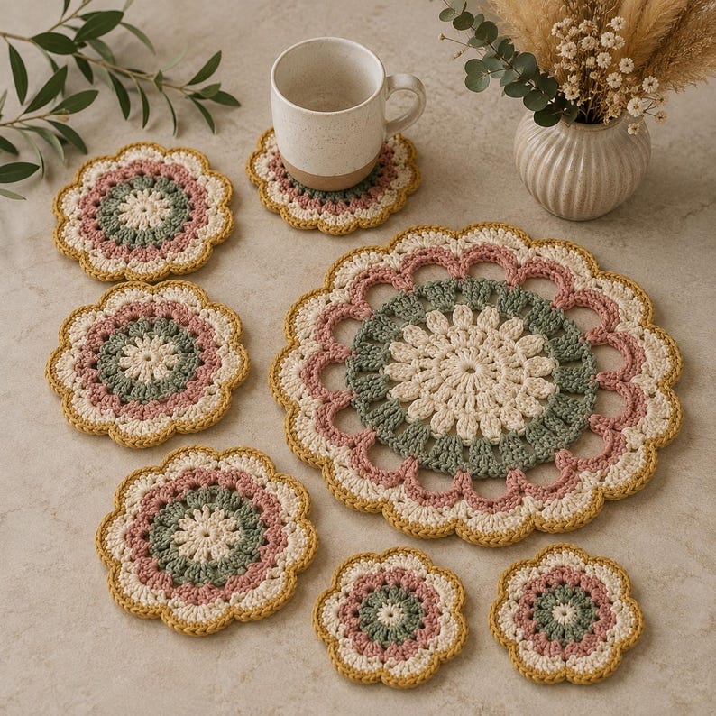 May include: A set of round, crocheted doilies and coasters featuring a floral-inspired pattern in cream, sage green, dusty rose, and mustard yellow. The set includes one large circular mat and six smaller coasters, all with scalloped edges.