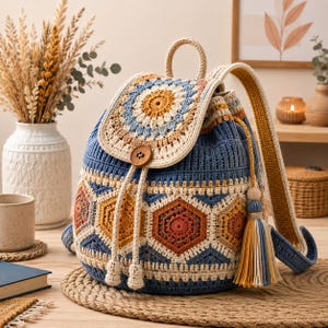 May include: A crochet backpack featuring a blue, cream, and terracotta color palette with a circular mandala flap, a wooden button closure, and a drawstring top. The body displays a geometric hexagon pattern, and a multi-colored tassel hangs from the side.