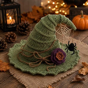 May include: A sage green crocheted witch hat featuring a pointed, slightly slumped crown and a wide, scalloped brim. The hat is decorated with a brown crocheted bow, a purple and orange crocheted flower, and a beige crocheted spider web with a black spider.