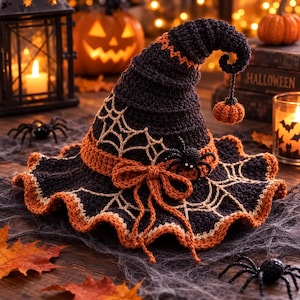 May include: A dark purple crocheted witch hat featuring a beige spiderweb pattern, an orange ribbon bow, and a small dangling orange pumpkin charm at the tip. The hat has a wide, wavy brim with orange trim and a black spider attached to the side.