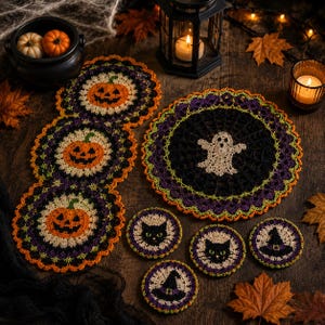 May include: A set of crocheted Halloween-themed items including a long runner with three orange jack-o'-lantern motifs, a large circular doily featuring a white ghost on a black web background, and four small coasters with black cat and witch hat designs.
