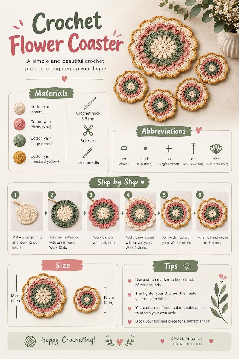 May include: An instructional infographic titled Crochet Flower Coaster featuring a step-by-step guide, materials list, and abbreviations for creating floral coasters in cream, dusty pink, sage green, and mustard yellow yarn, measuring 7 and 4 inches.