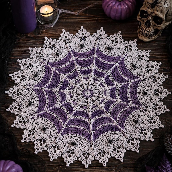Halloween-Spinnennetz-Häkeldeckchen, lila Spitzen-Tischdecke (PDF)