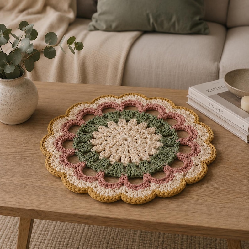 May include: A round, crocheted doily featuring a central cream-colored flower pattern, surrounded by a ring of sage green, a layer of dusty rose, and an outer scalloped border in mustard yellow, creating a layered, circular textile design.