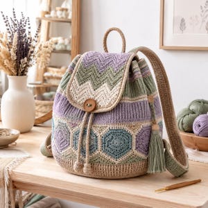 May include: A crochet backpack featuring a chevron pattern on the flap in lavender, sage green, and cream. The body displays hexagonal motifs in blue, lavender, and green, finished with a wooden button closure, drawstring, and a sage green tassel.