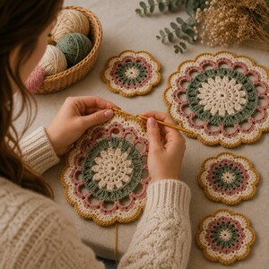 May include: A set of round, floral-patterned crochet doilies in cream, sage green, dusty rose, and mustard yellow. One large doily is being worked on with a gold crochet hook, while four smaller finished doilies sit nearby on a neutral surface.