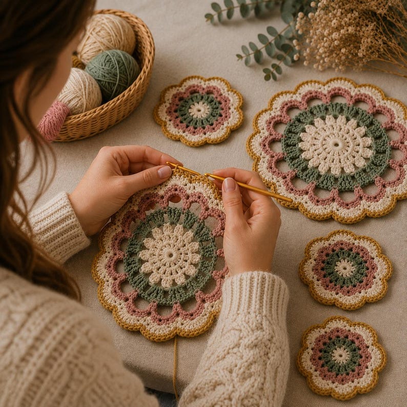 May include: A set of round, floral-patterned crochet doilies in cream, sage green, dusty rose, and mustard yellow. One large doily is being worked on with a gold crochet hook, while four smaller finished doilies sit nearby on a neutral surface.