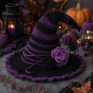 Puede incluir: Un sombrero de bruja de ganchillo con rayas horizontales alternas en negro y morado, un ala ancha con borde festoneado morado, dos flores de ganchillo en negro y morado, y una pequeña araña negra colgando de la punta.
