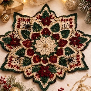 May include: A star-shaped crochet doily featuring a complex mandala pattern in deep red, forest green, and cream yarn. The design incorporates poinsettia-like floral motifs, intricate lace-like stitching, and two small black spider embellishments.