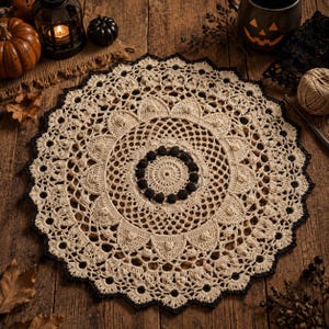 May include: A round, intricate crochet doily featuring a cream-coloured centre with a ring of small black bobbles. The design includes an openwork lace pattern radiating outwards, finished with a scalloped edge trimmed in a thin black border.