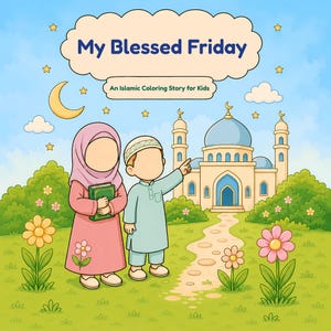 May include: A coloring book cover titled My Blessed Friday: An Islamic Coloring Story for Kids. It features a cartoon illustration of two children standing in a green field with flowers, pointing toward a mosque under a blue sky with stars.