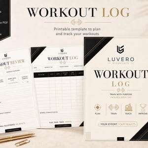 Puede incluir: Una plantilla de registro de entrenamiento imprimible de tres páginas en tonos crema y negro. Las páginas incluyen secciones para registrar ejercicios, series, repeticiones, peso en kg y revisiones. Texto: 'WORKOUT LOG', 'LUVERO', 'TRAIN WITH PURPOSE'.