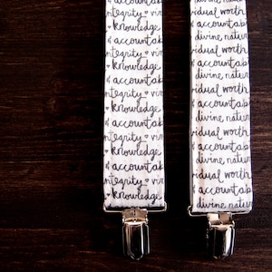 Unique suspenders for women with written words, empowerment women suspenders, black and white, Riley Blake cotton