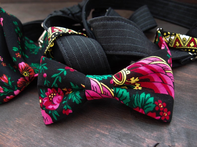 mens black bow tie and suspenders