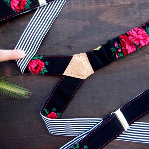 Reversible Womens Suspenders, Black Women Braces, Boho Gift Daughter, Vegan suspenders with Rose and Stripes, unique gift ideas for sister