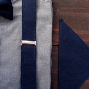 Dark blue linen mens suspenders and bow tie with pocket square im set, wedding braces with bowtie with clips and adjustable length image 2