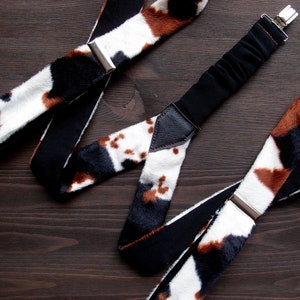Faux Fur Suspenders for women with cow pattern, Furry Suspenders for women, Feminine Braces, Go Girl Birthday Gift