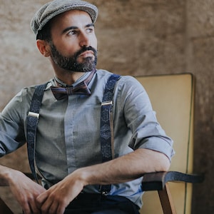 Dark Blue Mens Suspenders, Denim Fabric braces for men with adjustable length, personalized gift idea, from wife to husband gift image 1