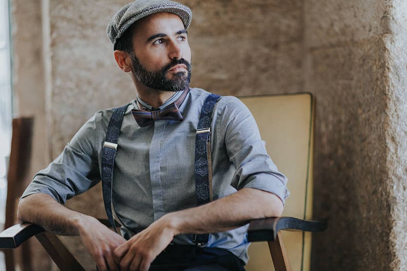 Dark Blue Mens Suspenders, Denim Fabric braces for men with adjustable length, personalized gift idea, from wife to husband gift image 1